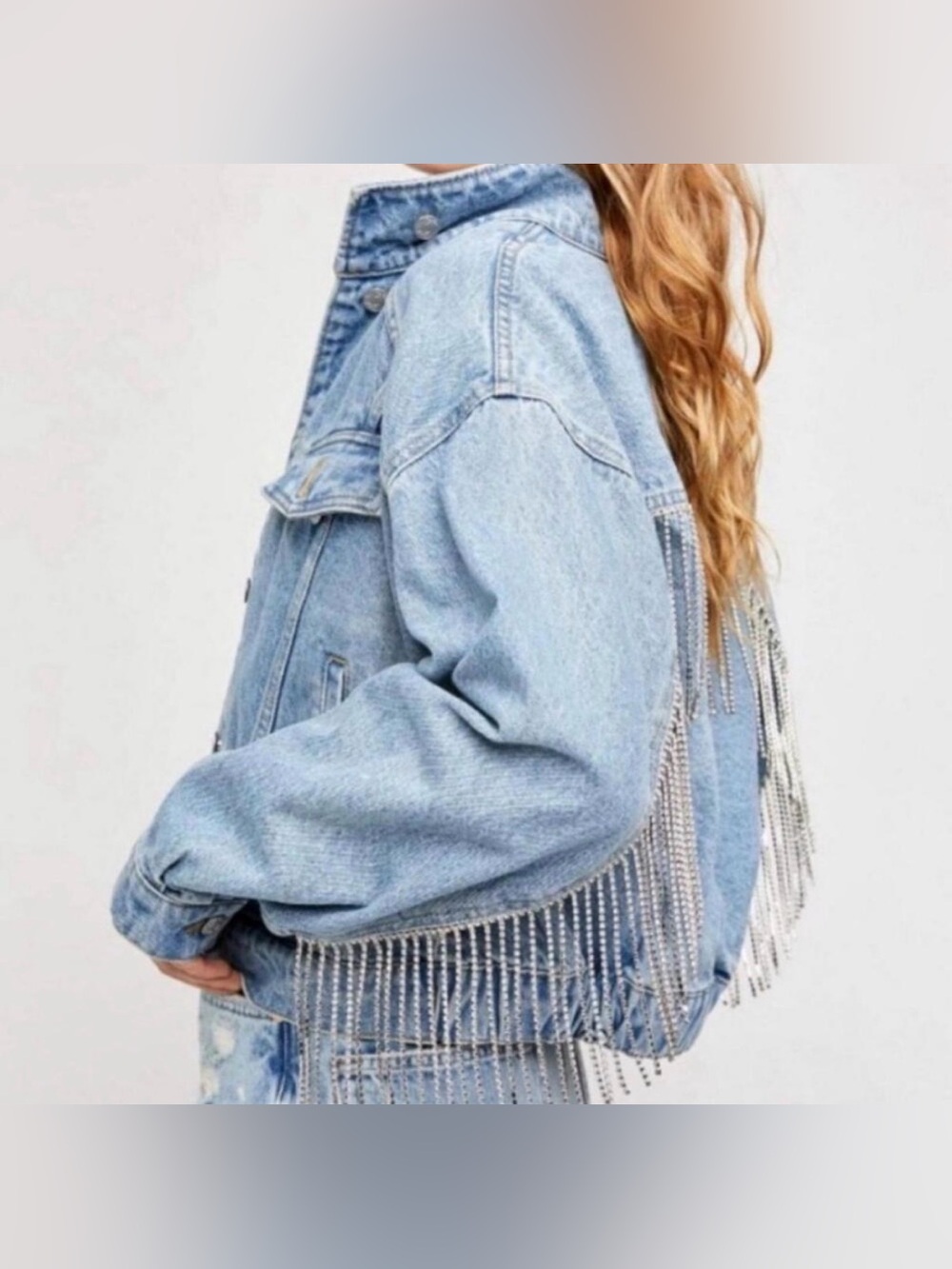 FREE PEOPLE Rhinestone Fringe COMET Denim Bomber Jacket - Picture 5 of 16
